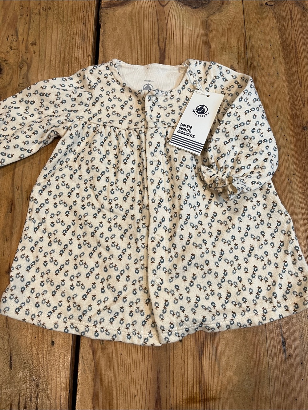New! PETIT BATEAU 3M Tiny Floral Print Double Knit Dress Snap Up Ruffled Cuffs